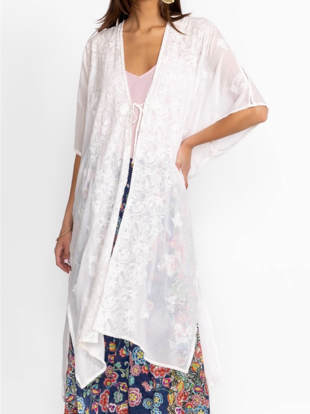 Johnny Was White Embroidered Tie-Front Tunic